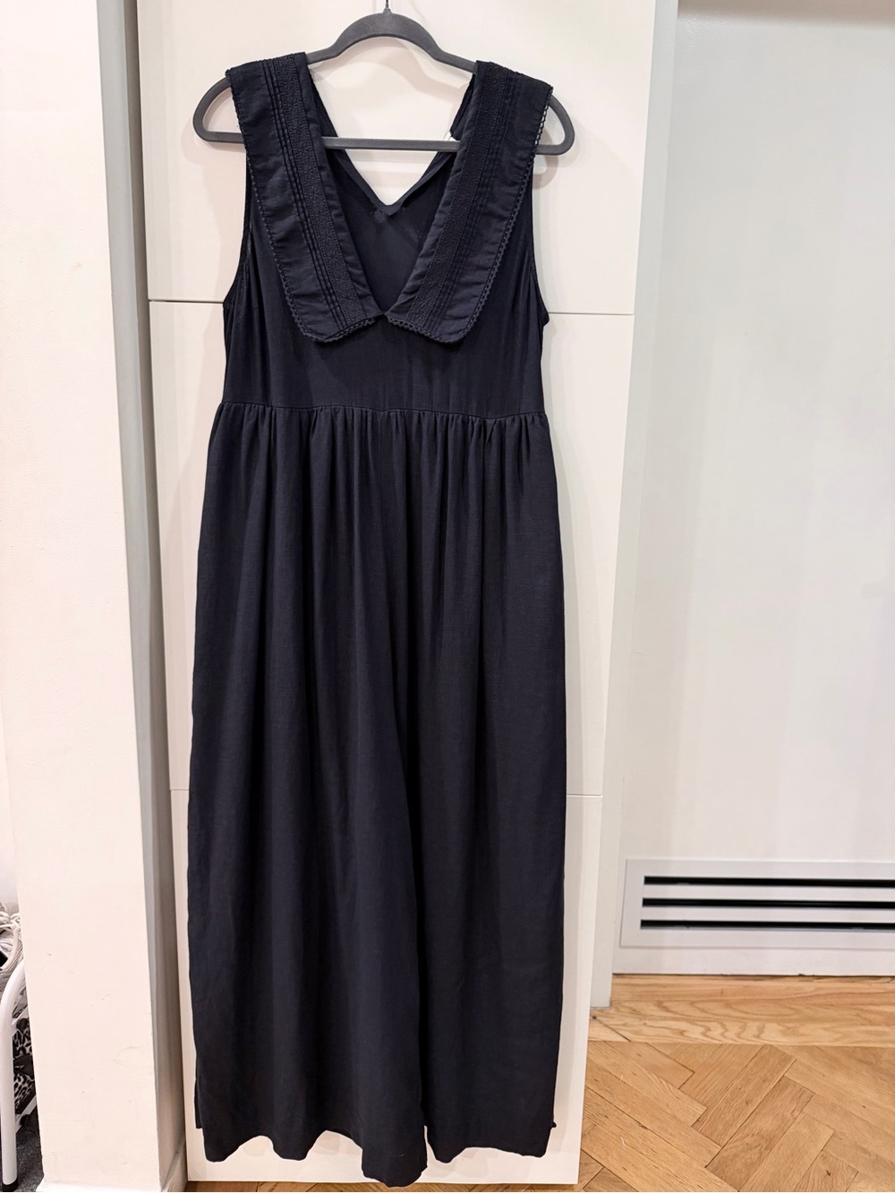 Free People Dark Navy Linen Blend Sailor Collar Wide Leg Jumpsuit Size M